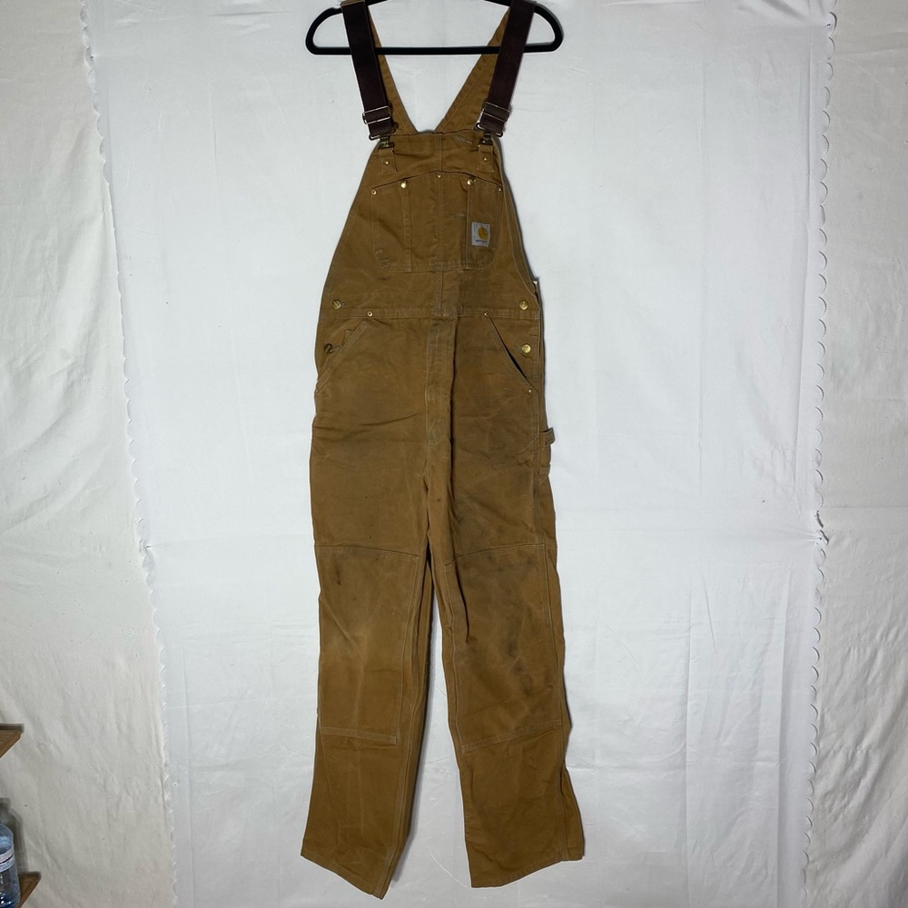 Carhartt Tan Brown Duck Canvas Expertly Worn In Work Bib Overalls 36X34
